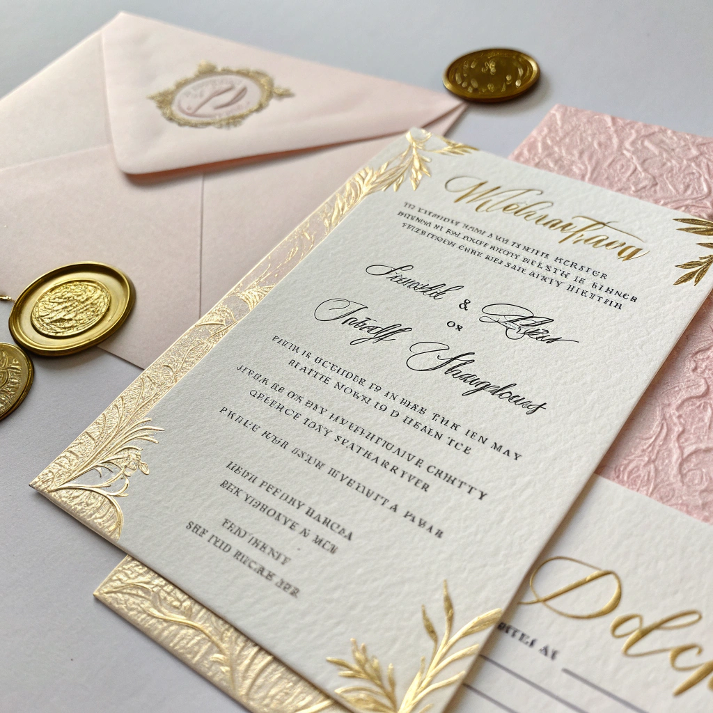 Handmade deckled-edge paper with gold foil calligraphy and silk ribbon