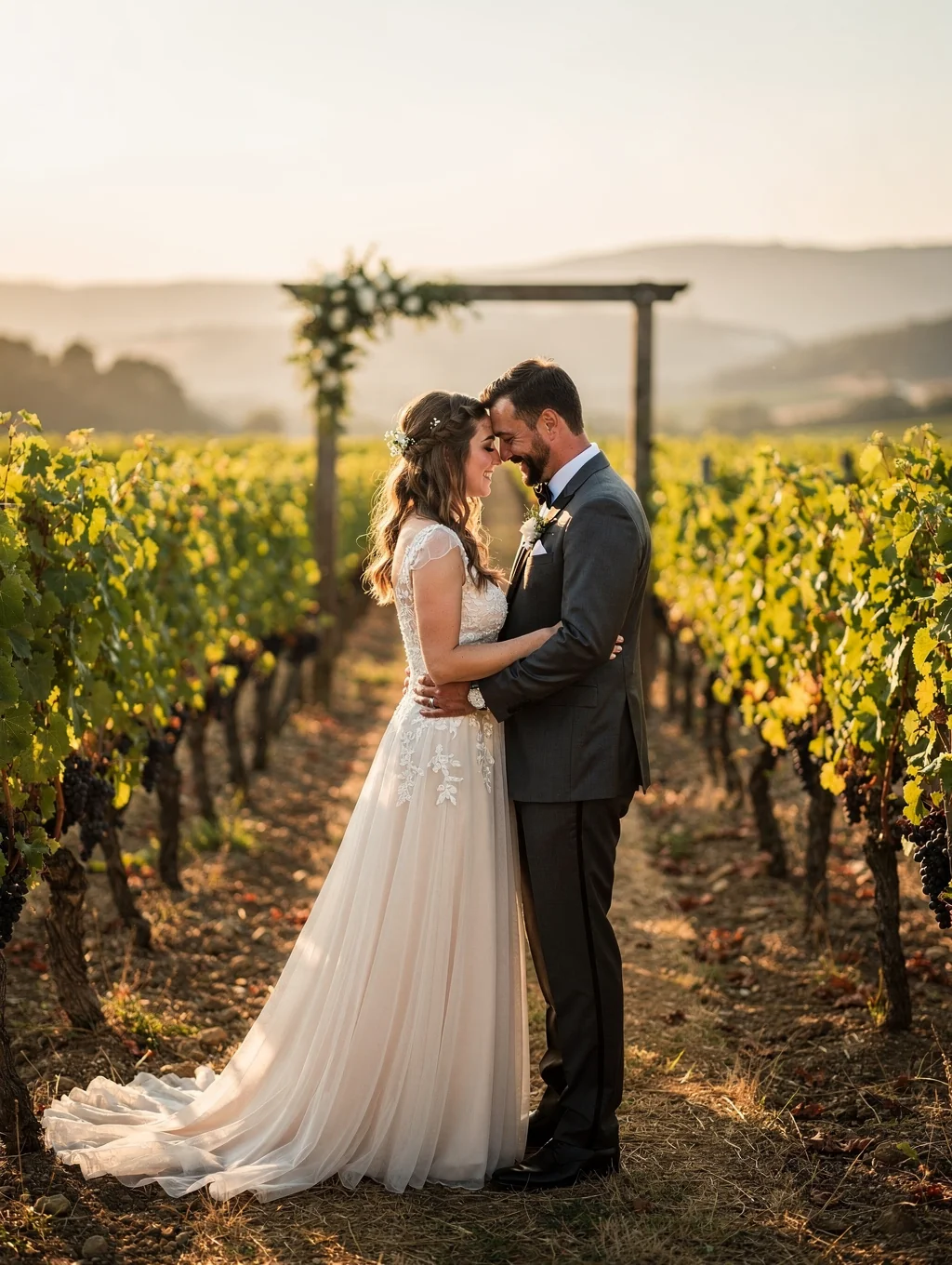 Romantic candid bridal couple portrait against historic stone arches